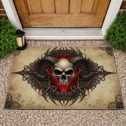 Gothic Demonic Skull Ram Horns Red Aura Flames Aged Parchment - Dark Fantasy Home Decor Gift Doormat