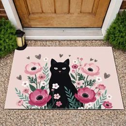 Black Cat Pink Anemone Floral Garden - Everyday Home Decor Gift for Cat Lover Doormat