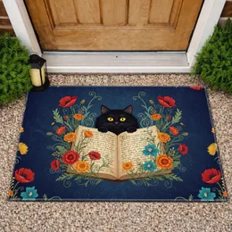 Black Cat Antique Book Wildflower - Home Decor Gift for Cat Lover Doormat