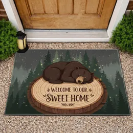 Sleeping Bear Welcome Home Tree Stump Forest Pine - Home Decor Gift for Bear Lover Doormat