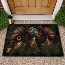 Three African Women Headwraps Gold Necklaces Earrings Bangles Foliage - Home Decor Gift Doormat