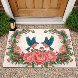 Teal Bluebirds Pink Peonies Red Berries - Wildlife Lover Home Decor Gift Doormat