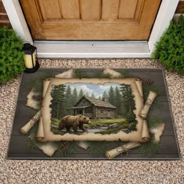 Aged Parchment Rustic Log Cabin Brown Bear Pine Forest Scene - Wildlife Lover Gift Doormat