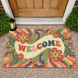 WELCOME Banner Retro Floral Rainbow Stripes - Home Decor Gift Doormat