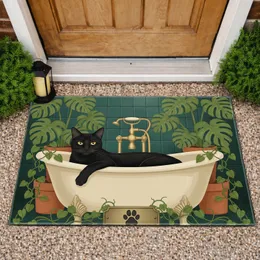 Black Cat Bathtub Tropical Foliage - Home Decor Gift for Cat Lover Doormat