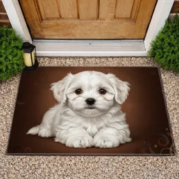 Adorable Fluffy White Puppy Eye Gaze Deep Brown Background - Dog Lover Home Decor Gift Doormat