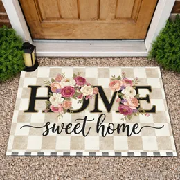 Floral HOME Sweet Home Buffalo Check - Farmhouse Decor Gift Doormat