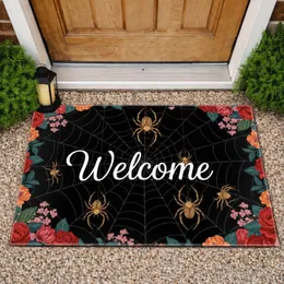 Gothic Welcome Golden Spiders Web Roses Peonies Floral - Autumn Halloween Home Decor Doormat
