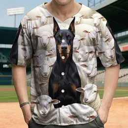 Black Doberman Dog Tall White Sheep Dense Flock - Dog Lover Animal Lover Gift Baseball Jersey
