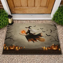 Elegant Witch Flying Broomstick Pumpkin Bats Jack-o'-Lanterns Candles Branches - Halloween Party Doormat