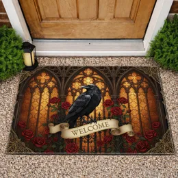 Black Raven Welcome Sign Gothic Arch Roses - Home Decor Gift for Goth Lover Doormat