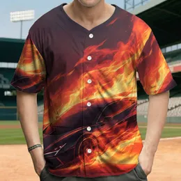 Sleek Futuristic Dark Sports Car with Fiery Orange Flames - Racing Fan Gift Baseball Jersey
