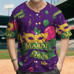 Mardi Gras Banner Mask Fleur-de-lis Balloons Stars - Celebration Baseball Jersey