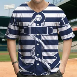 Navy Blue Anchor Coiled Rope Horizontal Stripes - Nautical Marine Lifestyle Gift Baseball Jersey