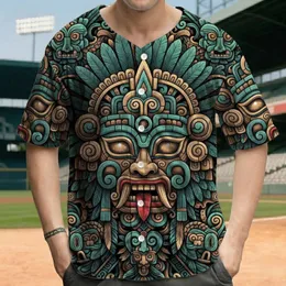 Ancient Mesoamerican Fanged Deity Mask Feathered Scrollwork Headdress - History Enthusiast Gift Baseball Jersey