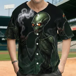 Skeletal Green Alien Glowing Orange Eyes Smoking Pipe - Halloween Party Gift Baseball Jersey