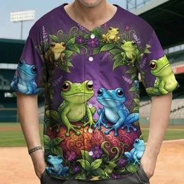 Cartoon Frogs Purple Flowers Green Leaves - Frog Lover Nature Gift Baseball Jersey