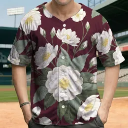 Maroon Background White Flowers Yellow Centers Green Leaves - Floral Lover Gift Baseball Jersey