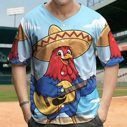 Cartoon Rooster Sombrero Guitar Beach Ocean Landscape - Summer Vacation Gift for Music Lovers Baseball Jersey