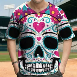 White Sugar Skull Calavera Fuchsia Flowers Teal Leaves - Day of the Dead Celebration Baseball Jersey