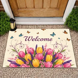 Welcome Bouquet Tulips Lavender Butterflies - Home Decor Gift Doormat