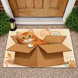 Orange Tabby Cat Peeking Cardboard Box - Home Decor Gift for Cat Lover Doormat
