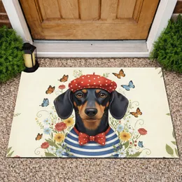 Black Tan Dachshund Beret Butterflies Wildflowers - Dog Lover Home Decor Gift Doormat