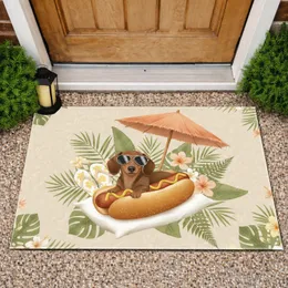 Dachshund Hot Dog Bun Beach Umbrella Tropical Palm Leaves Flowers - Summer Home Decor Gift for Dog Lover Doormat