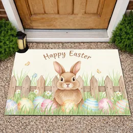 Friendly Fluffy Bunny Happy Easter Pastel Eggs Wildflower Picket Fence - Easter Holiday Doormat
