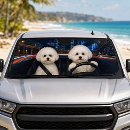 Two Bichon Frise Dogs Night City Drive Urban Commute Decor Gift For Dog Lovers And Fans Car Sunshade