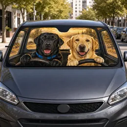 Black And Golden Labrador Dogs Sharing The Wheel On A Golden Road Trip For Dog Lovers Car Sunshade