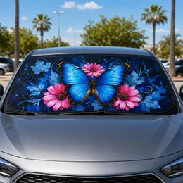 Blue Morpho Butterfly And Pink Daisies Navy Floral Decor Gift For Nature Lovers Women Car Sunshade