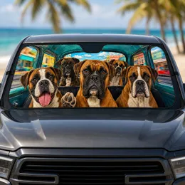 Five Boxer Dogs In Teal Cabin Road Trip Scene For Playful Dog Lovers And Pet Families Car Sunshade