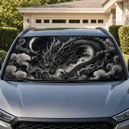 Monochrome East Asian Black Dragon Storm Clouds Gothic Fantasy Decor For Daily Drives Car Sunshade