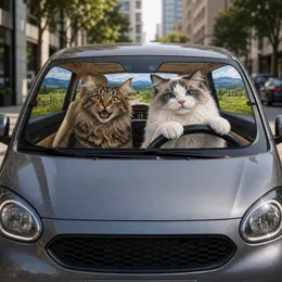 Realistic Cat Driver Duo Road Trip Scene For Pet Lovers And Cozy Travel Decor Gift Car Sunshade