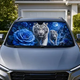 White Bengal Tigers With Blue Roses Fantasy Decor For Road Trip Wildlife Lovers Car Sunshade
