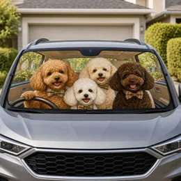 Four Toy Poodles Road Trip Scene With Cozy Travel Cabin Vibes For Dog Lover Gifts Car Sunshade