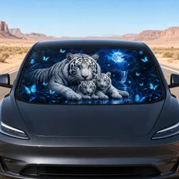 White Bengal Tiger Family Blue Butterfly Moonlit Forest Fantasy Wildlife Decor Gift Car Sunshade