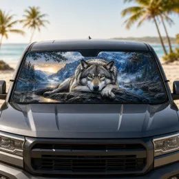 Realistic Gray Wolf On Alpine River Rocks For Wilderness Road Trip Nature Lovers Car Sunshade