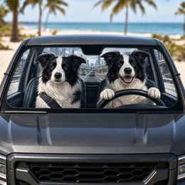 Realistic Border Collies Driving Through City Roads For Dog Lovers Road Trip Style Car Sunshade