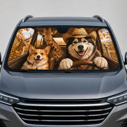 Cowboy Husky And Corgi Safari Road Trip Animals For Autumn Adventure Humor Lovers Car Sunshade