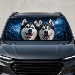 Realistic Siberian Husky Duo With Icy Blue Winter Glow For Dog Lovers And Road Trips Car Sunshade