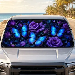 Blue Morpho Butterflies And Purple Roses Midnight Floral Fantasy Decor For Nature Lovers Car Sunshade
