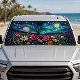 Starry Wildflower Meadow With Moonlit Tree For Boho Road Trips And Nature Lovers Car Sunshade