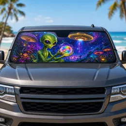 Glowing Alien With UFO And Rainbow Orb Psychedelic Space Decor Gift For Sci Fi Fans Car Sunshade