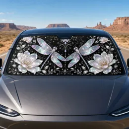 Iridescent Dragonflies Pearly Flowers Black Silver Glam Style For Summer Road Trips Car Sunshade
