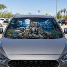 Moonlit Gray Wolf Family In Alpine Meadow For Wildlife Lovers And Rustic Cabin Fans Car Sunshade