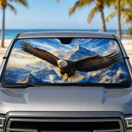 Soaring Bald Eagle Over Snowy Mountains For Patriotic Outdoor Adventure Travelers Car Sunshade