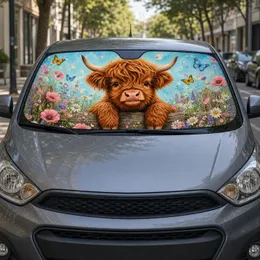 Cute Highland Calf With Meadow Flowers And Butterflies For Spring Farmhouse Decor Car Sunshade