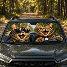 Laughing Tabby Cats In Sunglasses On Forest Road Trip For Pet Lovers And Travelers Car Sunshade